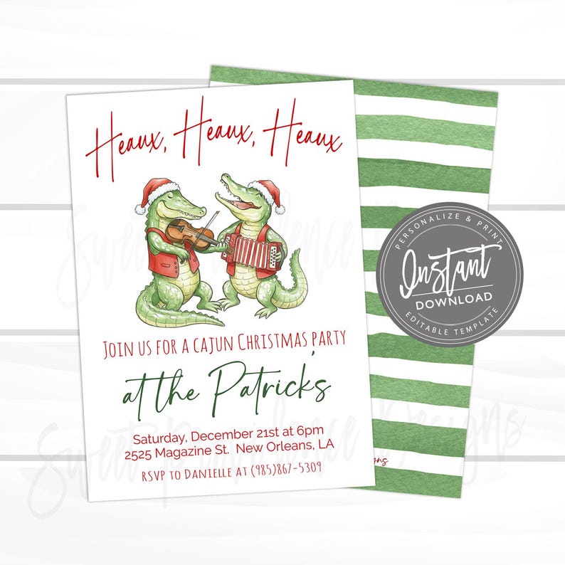 May include: A Christmas party invitation featuring two cartoon alligators playing musical instruments and wearing Santa hats. The invitation text reads "Heaux, Heaux, Heaux" and "Join us for a Cajun Christmas Party at the Patricks."
