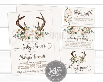 Rustic Baby Shower invitation Kit, Fall Cotton Boll Antlers Invite, Gender Neutral, DIY Editable Invitation template, Instant Access