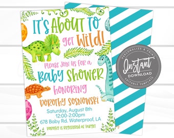 Dinosaur Baby Shower Invite Kit, Editable Shower invitation Template, It's about to Get Wild, Corjl Template, EDIT NOW, Instant Access