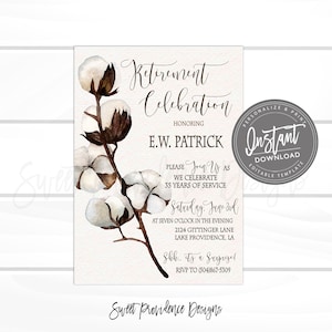 Retirement Celebration Invitation, Retirement Cotton Boll Party Invitation, Rustic Cotton Invitation, Editable Invitation, Instant Access