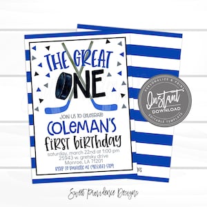 Hockey Birthday Invitation, The Great One, Editable hockey party, Boy Sports First Birthday Invitation, Printable Instant Access EDIT NOW