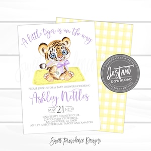 Tiger Baby Shower Invitation, Baby Mascot Invite, Purple and gold Gingham Dog Invite, Baton Rouge, Louisiana Editable invite, Instant Access