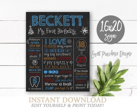 First Birthday Chalkboard, Blue Red 1st Birthday Stats Chalkboard, Digital, Boy Birthday Milestone Chalkboard, EDITABLE, Instant Access Il_570xn