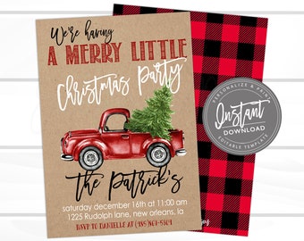 Christmas Party Invitation, Red Truck Tree, Editable Christmas Party template, Christmas Invitation, buffalo plaid, winter, Instant Download