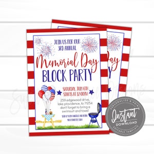 May include: Red, white, and blue striped background with a white rectangle in the center. The rectangle contains text that reads "Join us for our 3rd Annual Memorial Day Block Party". Below the text is a drawing of a picnic table with a hamburger, a grill, and balloons. The text below the drawing reads "Saturday, July 6th Starts at 12:00PM 259 edgewood drive, lake providence, la 71254 don't forget to bring a swimsuit and towel Sign up with Danielle and bring your favorite dish". A gray circle with white text reads "Personalize & Print Instant Download Editable Template".