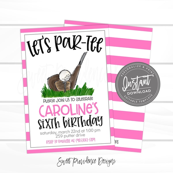 Golf Birthday Invitation, Let&#39;s Par-Tee, Editable golf party, Girl Sports Birthday Invitation, Top Golf, Printable Instant Access EDIT NOW