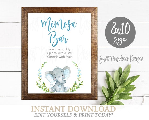 Elephant Mimosa Sign, Blue Elephant Baby Shower Bar Sign, Editable Print, Blue Elephant Mimosa Sign, Editable sign, Instant Access Il_570xn