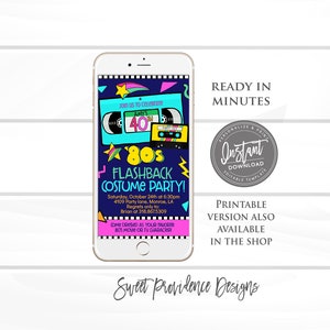 May include: A digital invitation for an 80s themed costume party. The invitation features a blue background with colorful geometric shapes and a cassette tape with the text "Amy's 40th" on it. The text "80s Flashback Costume Party!" is in a bright pink font. The invitation includes the date, time, location, and contact information for RSVPs. The text "Come dressed as your favorite 80s movie or TV character!" is in a pink box.