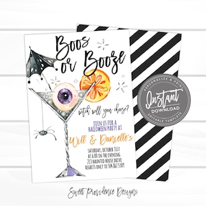 May include: Halloween party invitation with a martini glass design. The invitation features the text "Boos or Booze" and "witch will you choose?" with event details. The design includes an eyeball, orange slice, and spider.
