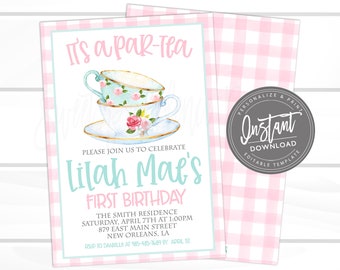 Tea Party Invitation, Kids Birthday Virtual Par-Tea Invite, Pink Floral Chic Tea Party, Editable Template, ANY Age, INSTANT ACCESS Edit now