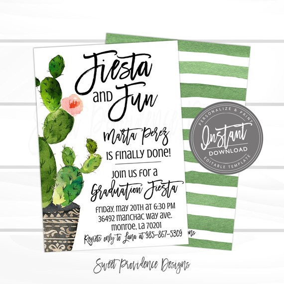Graduation Fiesta Invitation, Editable Cactus Birthday Fiesta Invitation template, Party, Instant Download Il_570xn