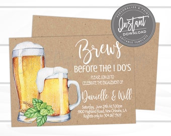 Brews before I Do's Invitation, Rustic Engagement Invitation, Editable Kraft invitation, Bridal Beer Invitation, , Instant Access