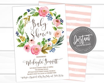 Baby Shower Invitation, Floral Watercolor  Wreath Baby Shower invitation, Watercolor Floral Invitation, Instant Access
