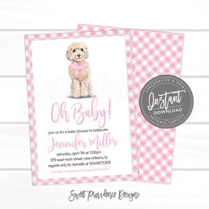 May include: A baby shower invitation featuring a watercolor illustration of a fluffy dog with a pink bow. The invitation has a pink gingham border and includes the text "Oh Baby!" and event details. A circular badge reads "Instant Download".