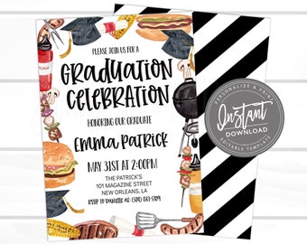 Editable Graduation BBQ Celebration Invitation, Printable Graduation Party Invite, Instant Access,