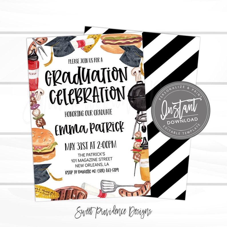 Editable Graduation BBQ Celebration Invitation, Printable Graduation Party Invite, Instant Access, image 1