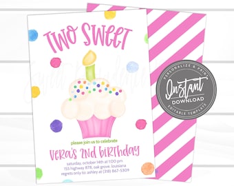 Two Sweet Birthday Invitation, Second Birthday, Cupcake Birthday Party Invite, Editable Girl Template, 2nd Printable Instant Access edit now