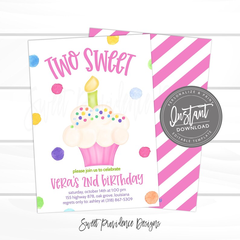 May include: A printable invitation for a child's second birthday party. The invitation features a pink cupcake with a single lit candle and colorful sprinkles. The text on the invitation reads "Two Sweet Vera's 2nd Birthday".