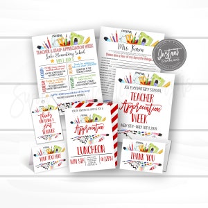 May include: Teacher Appreciation Week printable set with a colorful school supplies theme. Includes a schedule of events, a thank you card, a luncheon invitation, and a teacher appreciation tag. The text on the invitation reads "You're invited to join us for a Teacher Appreciation Luncheon, May 5th at 12PM."