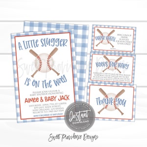 EDITABLE Baseball Baby Shower Invitation, Little Slugger Baby Shower Invite, It's a Boy Gingham Shower, Printable Instant Access - EDIT NOW image 2
