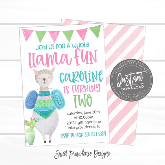 Llama Birthday Party Text Invitation, Llama Invite, A Whole Llama Fun , Girl birthday, Editable template, Instant Access, EDIT NOW Il_570xn