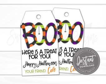 May include: Two white rectangular gift tags with a hole at the top. The word BOO is printed in large letters with orange, purple, and green stripes and dots. Text reads: Here is a treat for you! Happy Halloween. Your friend, Cole.