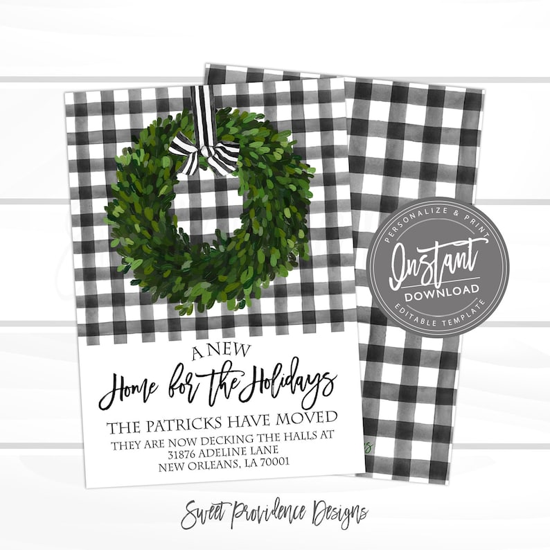 May include: Holiday-themed announcement card with a green wreath and black and white buffalo check background. The text reads "A New Home for the Holidays" and includes address details. A circular badge says "Instant Download".