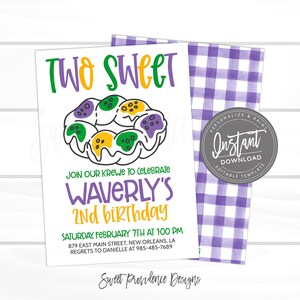 May include: A purple and white gingham background with a white card featuring a cartoon illustration of a king cake with green, yellow, and purple icing. The text on the card reads "Two Sweet Join our Krewe to Celebrate Waverly's 2nd Birthday Saturday, February 7th at 100 PM 879 East Main Street, New Orleans, LA Regrets to Danielle at 985-485-7689 Sweet Providence Designs".