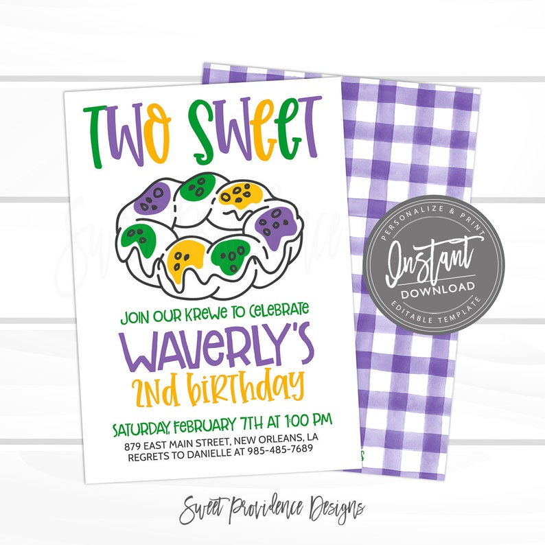 May include: A purple and white gingham background with a white card featuring a cartoon illustration of a king cake with green, yellow, and purple icing. The text on the card reads "Two Sweet Join our Krewe to Celebrate Waverly's 2nd Birthday Saturday, February 7th at 100 PM 879 East Main Street, New Orleans, LA Regrets to Danielle at 985-485-7689 Sweet Providence Designs".
