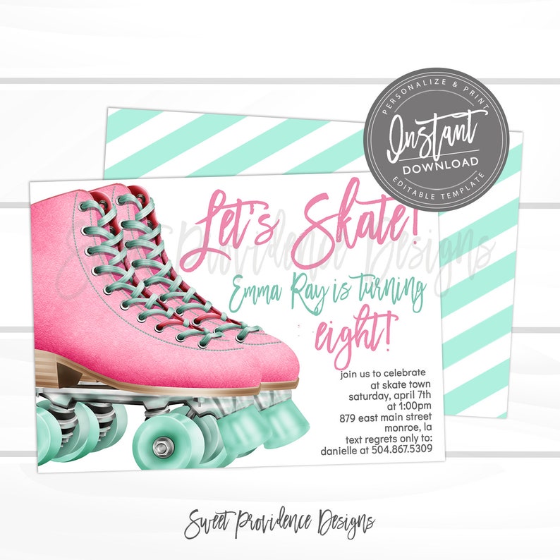 May include: Pink roller skate birthday party invitation with the text "Let's Skate! Emma Ray is turning eight!" and details for the party.