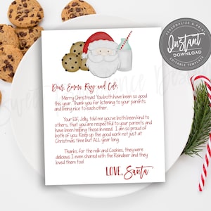 May include: A Christmas-themed printable letter from Santa Claus, featuring a Santa illustration with cookies and milk. The letter is addressed to Emma Ray and Cole, with text in red. Chocolate chip cookies and candy canes are also visible.