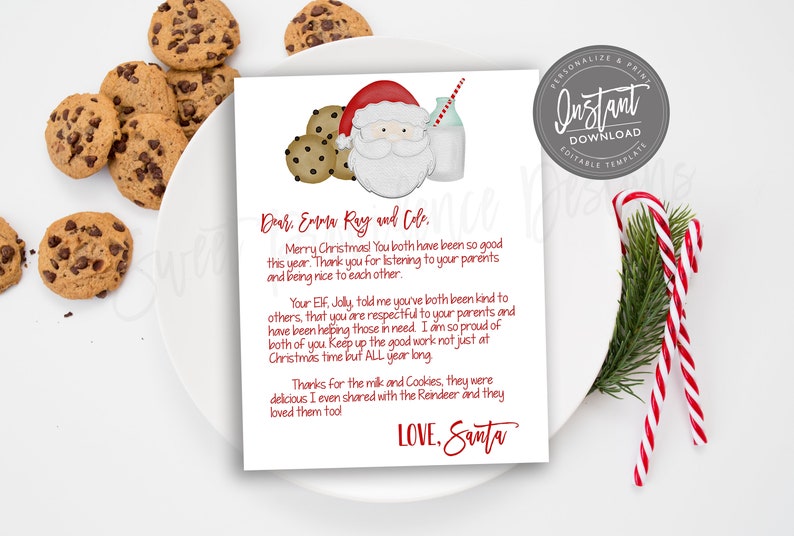 May include: A Christmas-themed printable letter from Santa Claus, featuring a Santa illustration with cookies and milk. The letter is addressed to Emma Ray and Cole, with text in red. Chocolate chip cookies and candy canes are also visible.