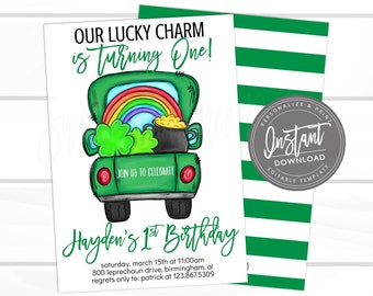 St. Patrick's Day Birthday Invitation, Lucky Charm Shamrock Invite, St. Patty's 1st Birthday, Editable Template, Printable Instant Access