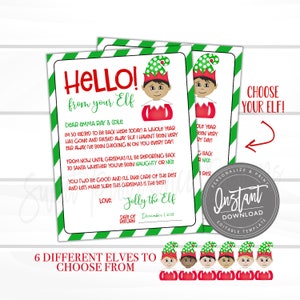 Op de afbeelding: Twee afdrukbare kerstbrieven met groen-witte strepen. De brieven bevatten elf-illustraties en de tekst "Hallo van je Elf". De afbeelding toont ook zes verschillende elf-ontwerpen om uit te kiezen.