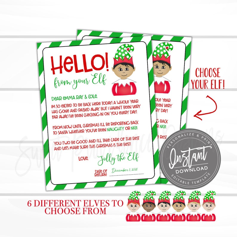 Op de afbeelding: Twee afdrukbare kerstbrieven met groen-witte strepen. De brieven bevatten elf-illustraties en de tekst "Hallo van je Elf". De afbeelding toont ook zes verschillende elf-ontwerpen om uit te kiezen.