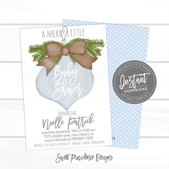 Merry Little Christmas Boy Baby Shower Invitation, Blue Ornament, Editable Baby Shower invite, Holiday Printable Template, Instant Download Il_570xn