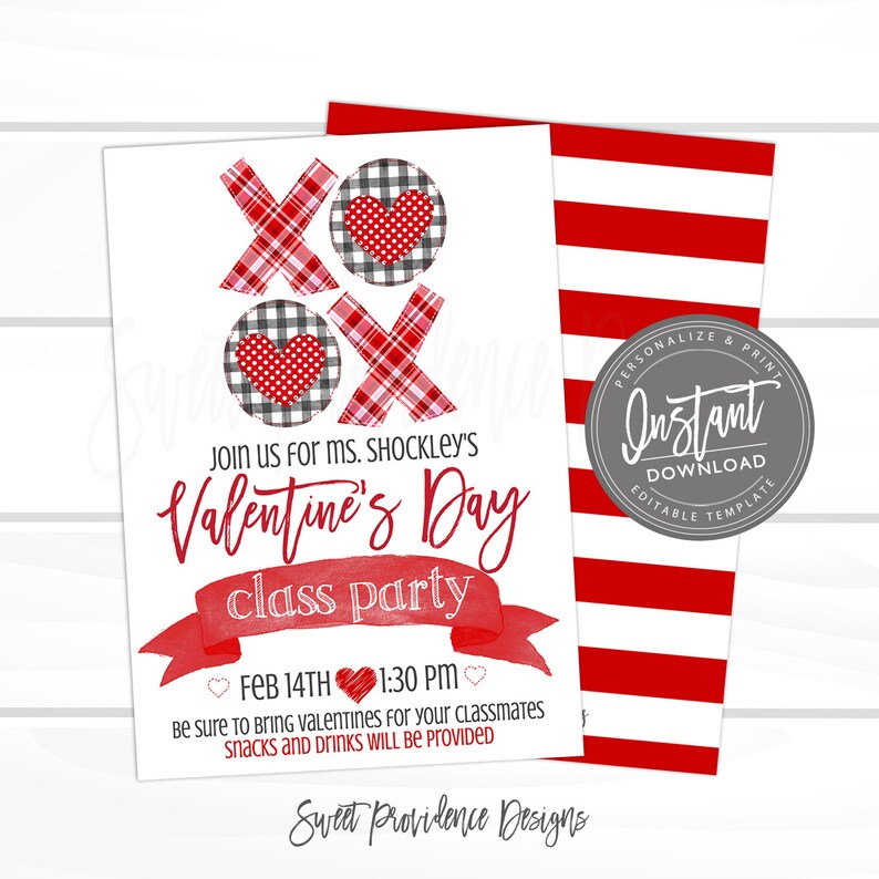 May include: Red and white Valentine's Day party invitation with a red and white checkered XO design and hearts. The text reads "Join us for Ms. Shockley's Valentine's Day class party, Feb 14th 1:30 PM. Be sure to bring valentines for your classmates. Snacks and drinks will be provided. Sweet Providence Designs."