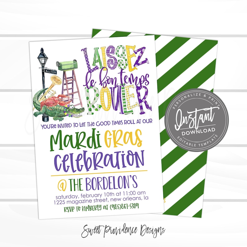 May include: A Mardi Gras celebration invitation with a purple, green, and gold color scheme. The invitation features a cartoon alligator, a ladder, a trumpet, and a street sign. The text on the invitation reads "Laissez le bon temps rouler" and "Mardi Gras Celebration".