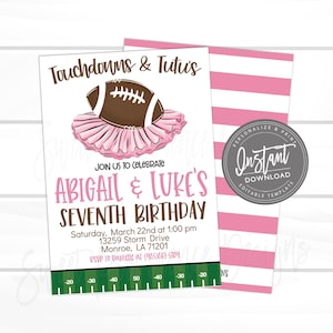 Touchdown's and TuTu's Double Birthday Invitation, Editable Double Party template, Touchdowns TuTus Invite, Football Season, Instant Access