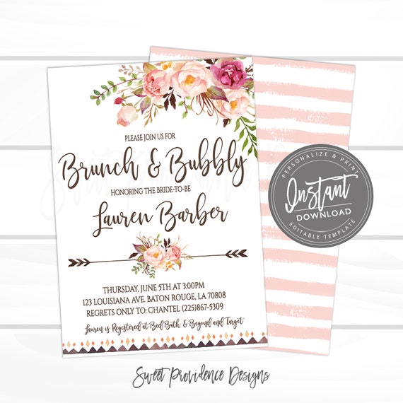 boho bridal brunch invitation watercolor floral bridal brunch bubbly invite rustic floral invite editable template instant access brunch invitations templates