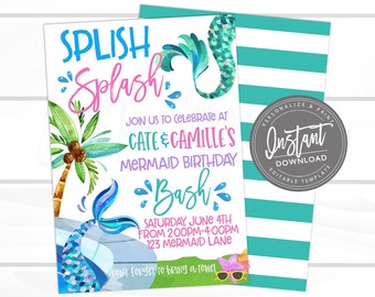 Mermaid Birthday Invitation, Mermaid Bash Birthday Party Invite, Editable Girl Under the sea Birthday Template, Printable Instant Access
