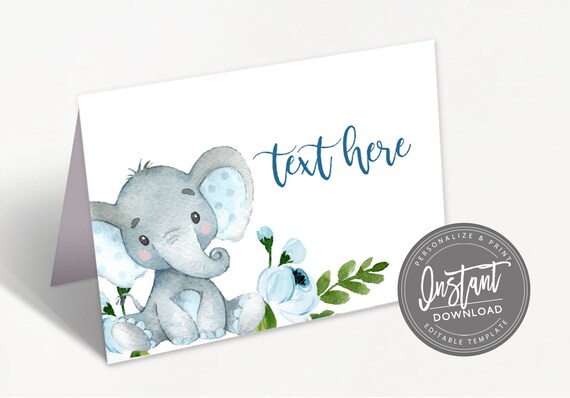 Floral Blue Elephant Food Tent, Editable Baby Shower Place Cards, Folded tent card, Boy Elephant Printable Template, Instant Access Il_570xn