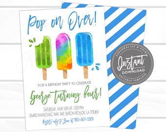 Popsicle Birthday Invitation, Pop on Over Birthday Invitation, Boy Popsicle invite, Editable Birthday template,  Instant Access