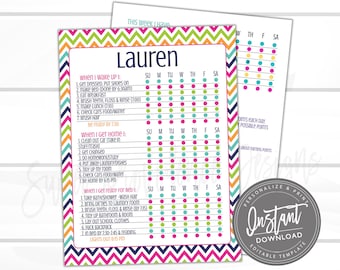Editable Kids Checklist, Daily Task List, Customizable Chore Chart, Kids weekly planner, Chevron Chore Chart, Printable Instant Access