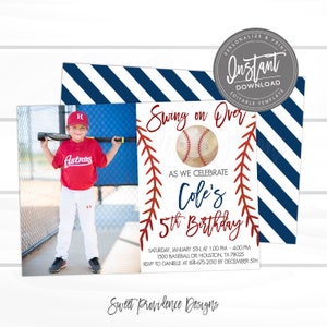May include: Baseball-themed birthday invitation featuring a photo of a young boy in a red Astros baseball uniform holding a bat. The invitation includes the text "Swing on Over" and "Cole's 5th Birthday."