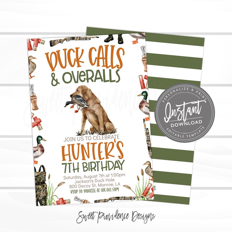 May include: A printable invitation for a 7th birthday party with a duck hunting theme. The invitation features a watercolor illustration of a dog holding a duck, with the text "Duck Calls & Overalls" and "Hunter's 7th Birthday".