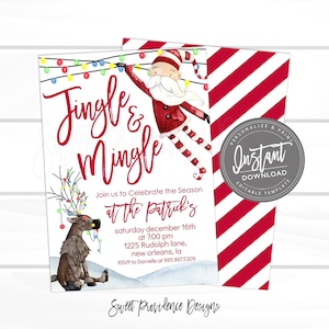 May include: A holiday party invitation template featuring a watercolour illustration of Santa Claus and a reindeer tangled in colourful string lights. The text reads Jingle & Mingle, Join us to Celebrate the Season at The Patrick's, and event details.