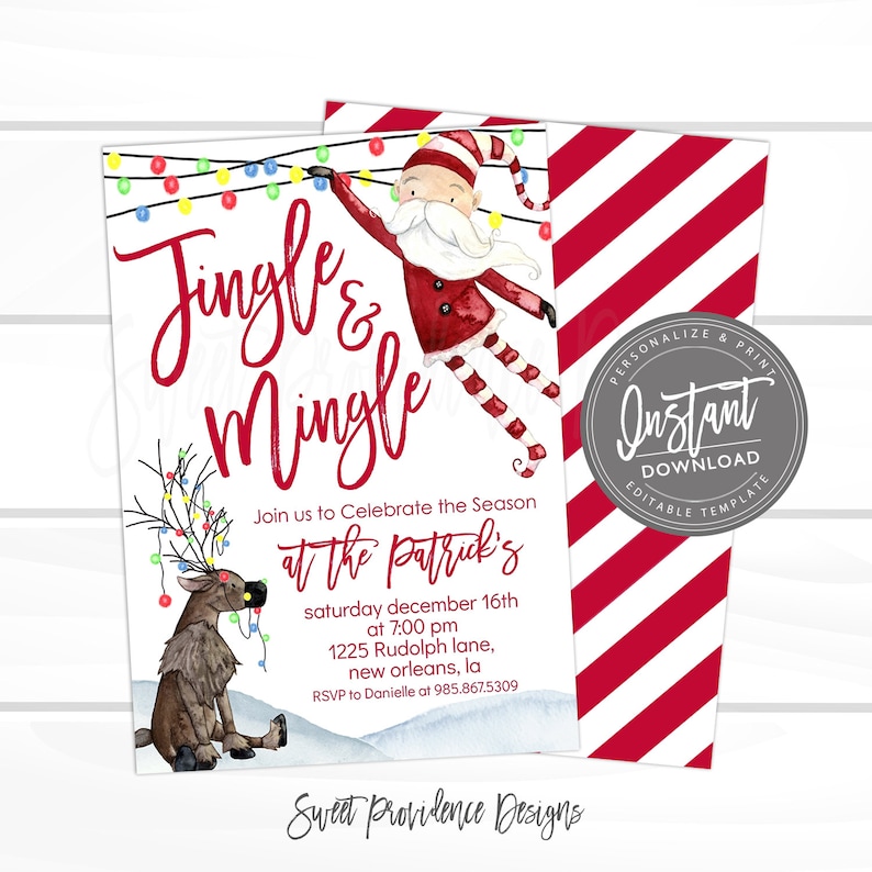 May include: A holiday party invitation template featuring a watercolour illustration of Santa Claus and a reindeer tangled in colourful string lights. The text reads Jingle & Mingle, Join us to Celebrate the Season at The Patrick's, and event details.