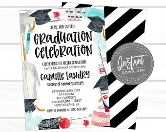 Editable Dental School Graduation Party Invitation,  Dental Hygienist, DDS Orthodontist, Printable Graduation Party Invite, Instant Access