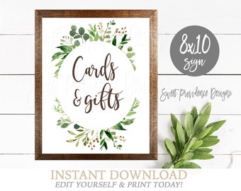 Cards and Gifts Sign, Baby Shower Gifts Sign, Editable Botanical Greenery Print, Green Wreath Bridal Shower Sign,Printable Instant Access